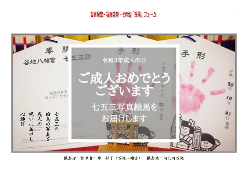 七五三の絵馬の写真を成人の祝いに届けし心趣け