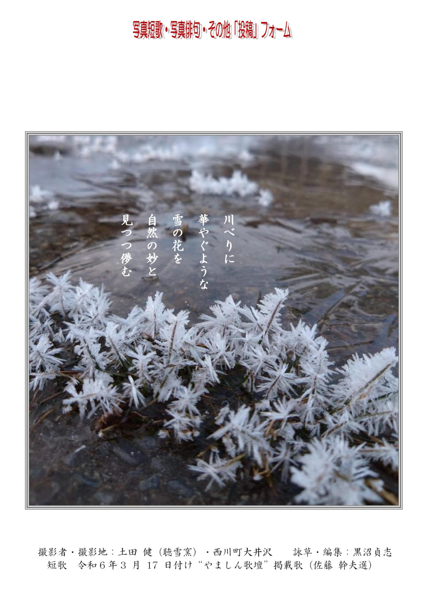 作品番号-４３（共同制作写真短歌）：川べりに華やぐような雪の花を自然の妙と見つつ儚む