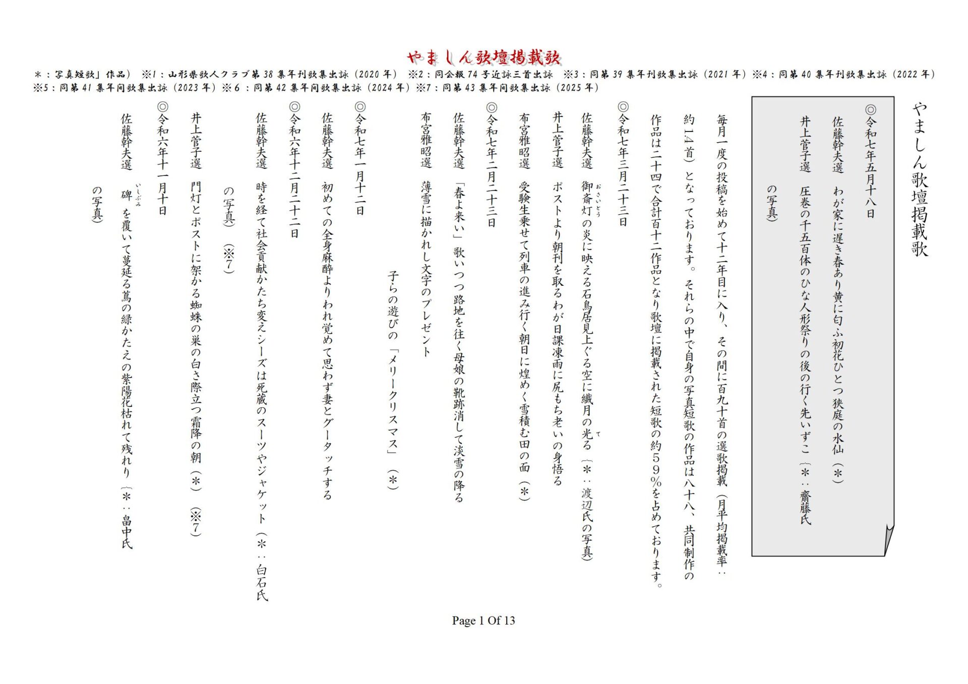 やましん歌壇掲載歌（250518現在）