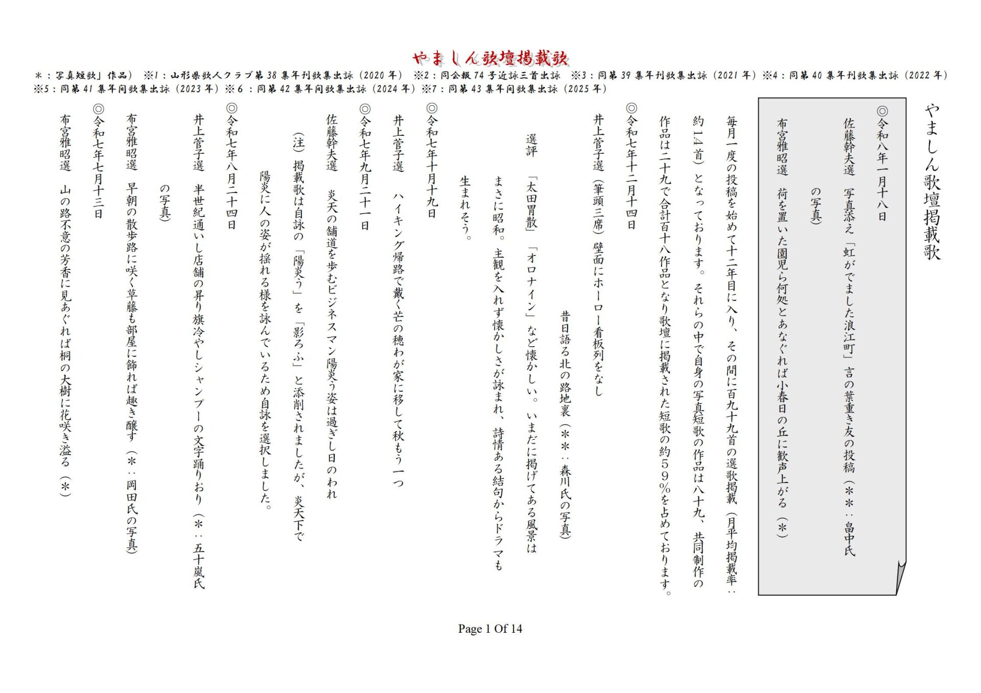 やましん歌壇掲載歌（260118現在）