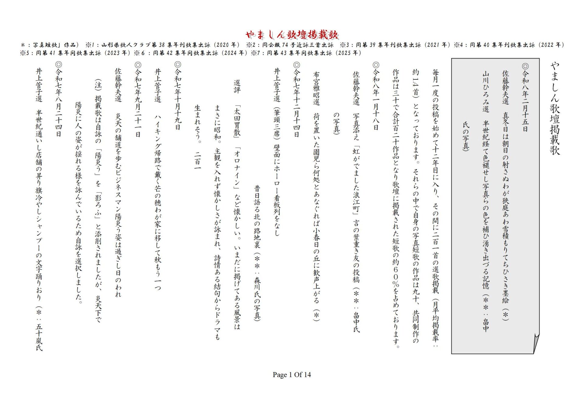 やましん歌壇掲載歌（260215現在）