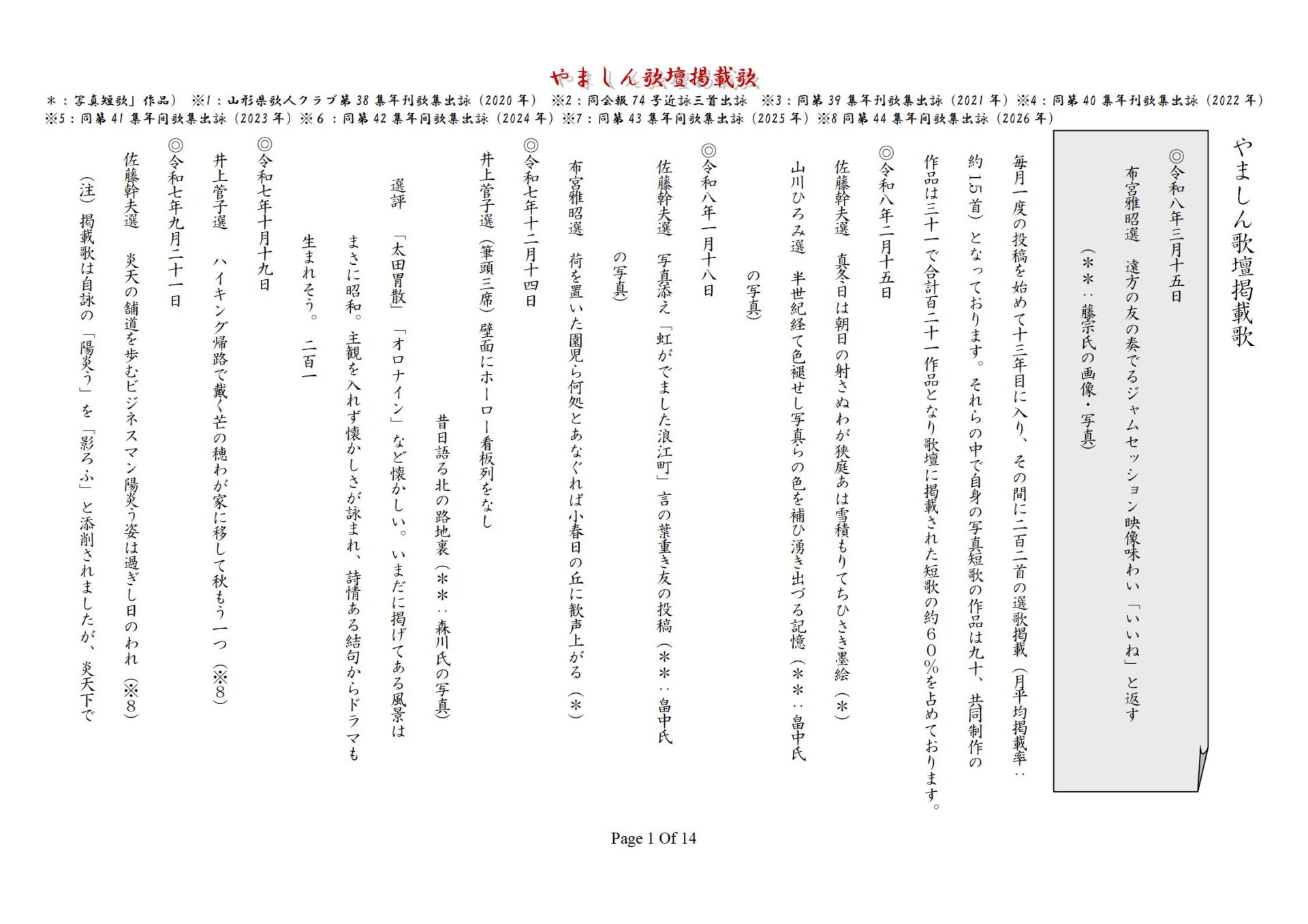 やましん歌壇掲載歌（260315現在）