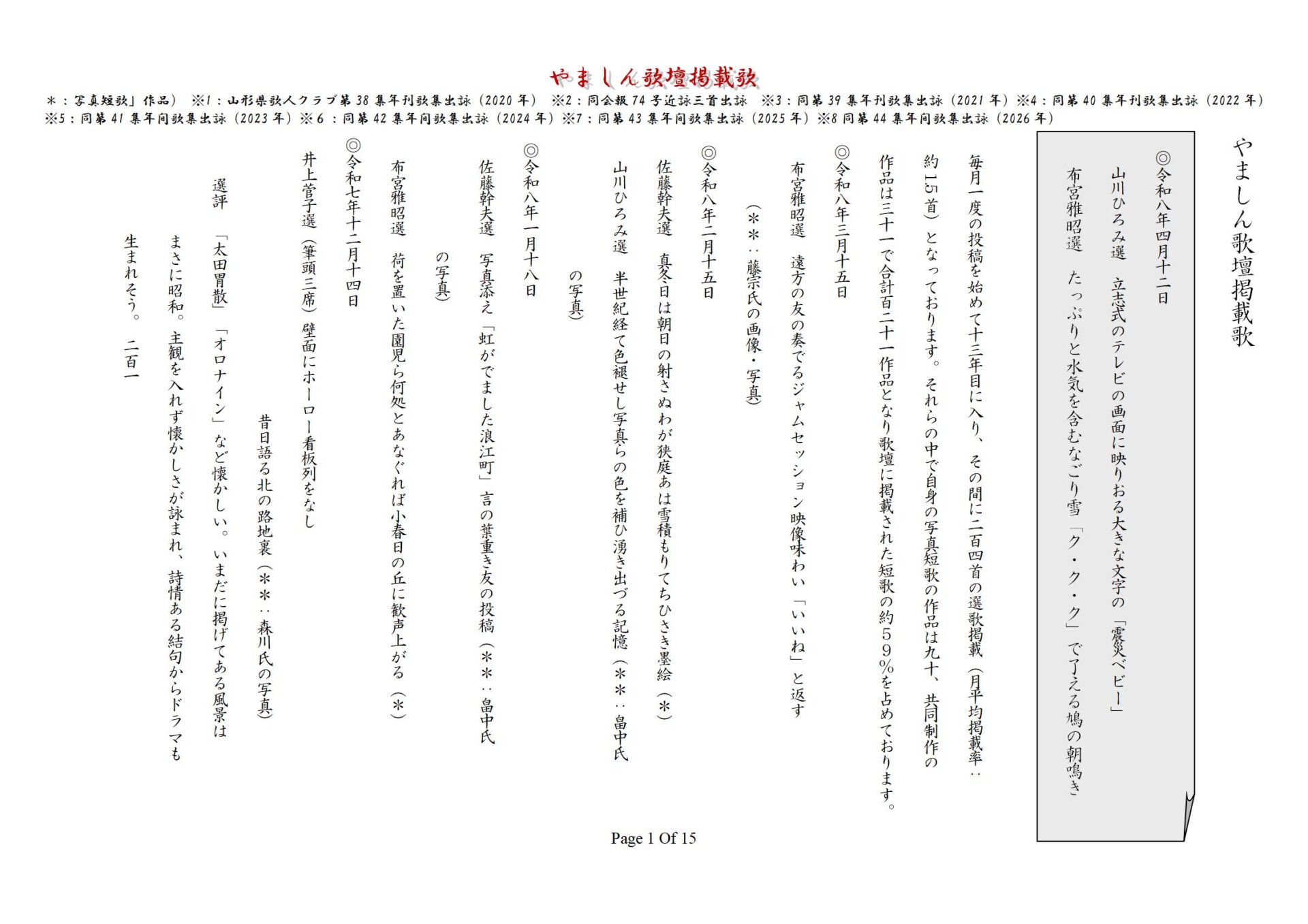 やましん歌壇掲載歌（260412現在）