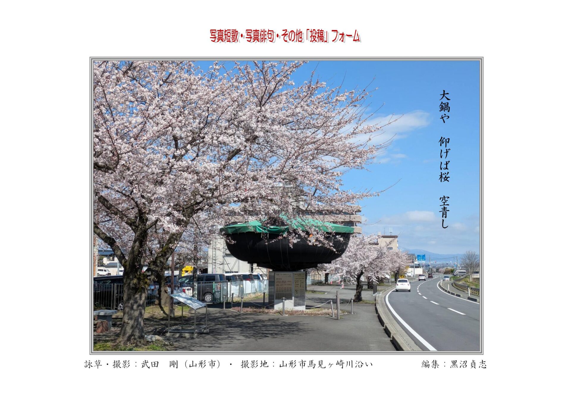 大鍋や　仰げば桜　空青し