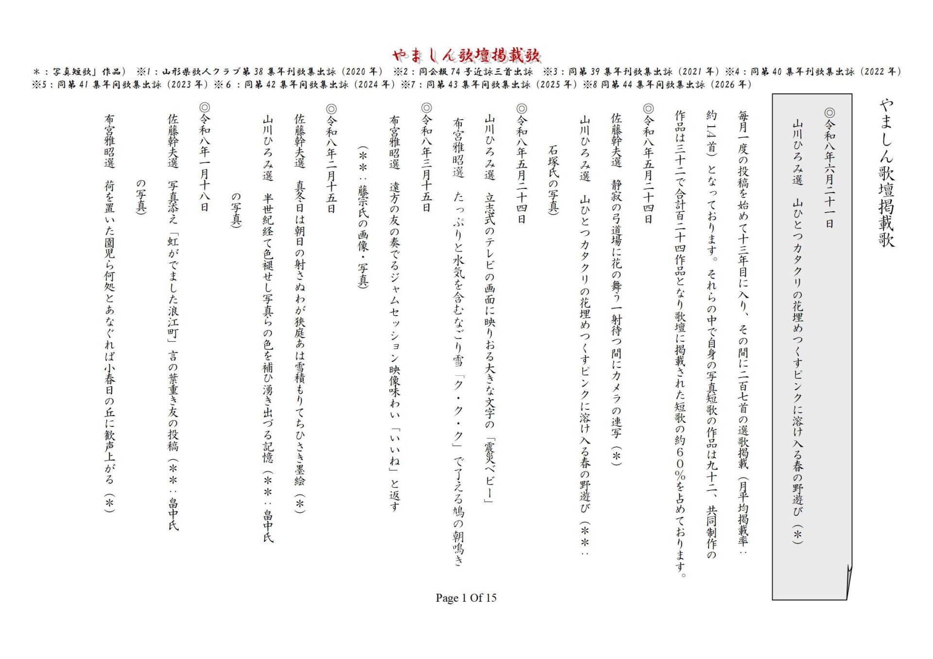 やましん歌壇掲載歌（260621現在）