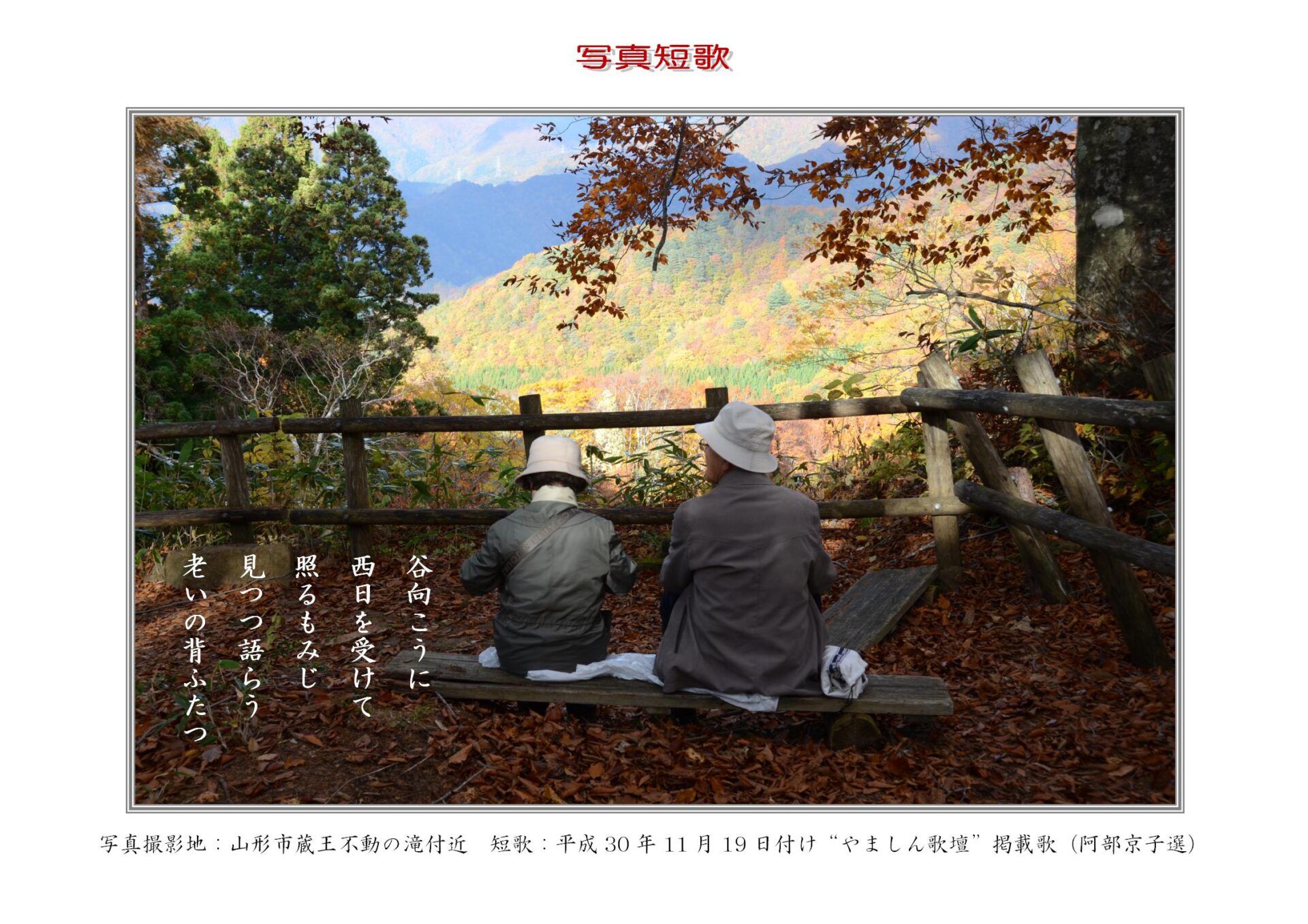谷向こうに西日を受けて照るもみじ見つつ語らう老いの背ふたつ