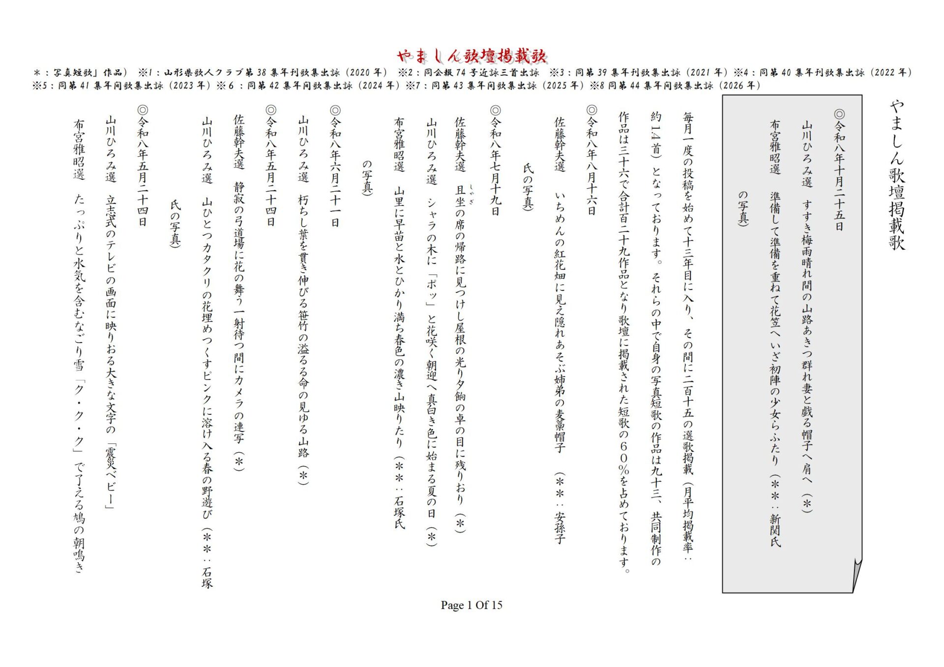 やましん歌壇掲載歌（261025現在）